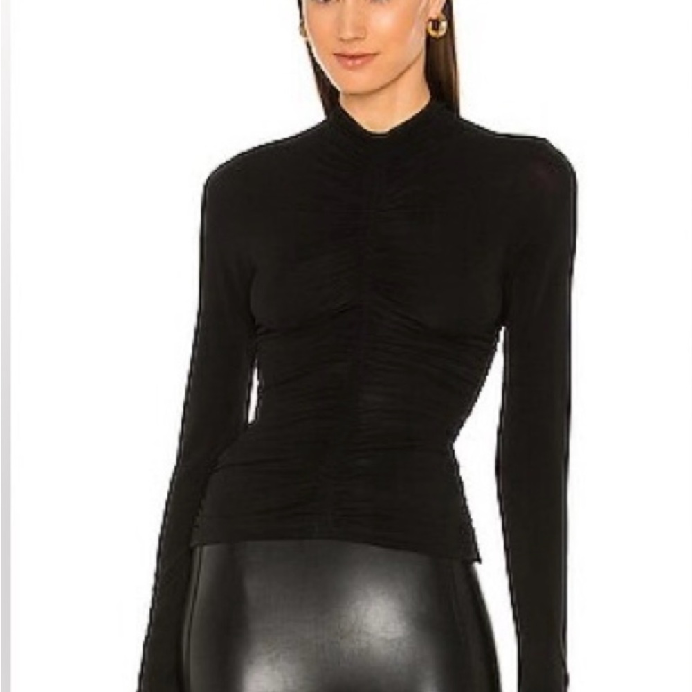 A.L.C. Black Ruched Fitted Blouse with Mandarin Collar